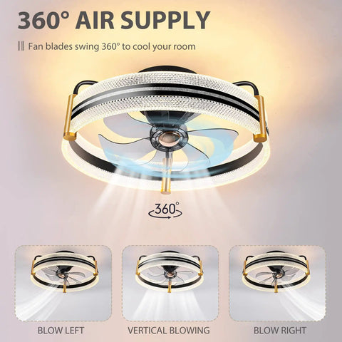 20 Inch Bladeless Ceiling Fan With Light And Remote, Low Profile Flush Mount, Modern Enclosed Ceiling Fan, 360 Degree Oscillation