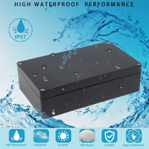 Watertight IP67 Junction Box For DIY Projects, Tough As Nails ABS Plastic Electronic Enclosure Case, Weatherproof Indoor Outdoor Project Box In Black, 7.87 x 4.72 x 2.20 Inches, Dust Tight And Moisture Proof.