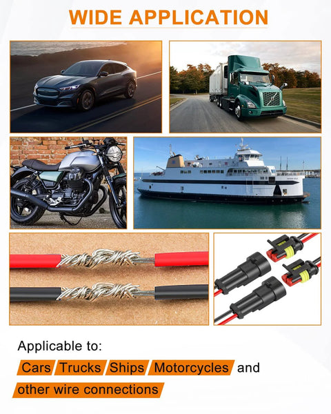 Waterproof 2 Pin Automotive Wiring Connector Kit with 16 AWG wires, heat shrink, shown for cars, trucks, boats, IP68 seal.