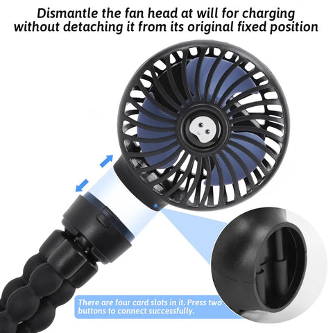 Close-up of Clip On Stroller Fan USB Rechargeable Mini Personal With 3 Speeds 360 Degree Rotating Removable Flexible Tripod