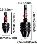 Two Piece Drill Chuck Adapter Set With One Quarter Inch Hex Shank Keyless Quick Change For Power Drills Screwdrivers And Impact Drivers Fits 0.3 To 3.6 mm And 0.3 To 6.5 mm Bits Easy Install For Diy Pros.