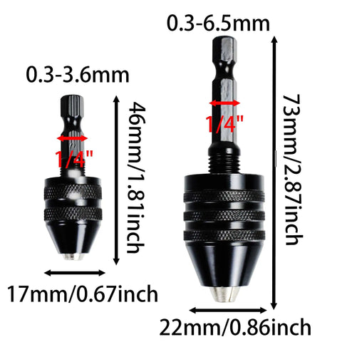 Two Piece Drill Chuck Adapter Set With One Quarter Inch Hex Shank Keyless Quick Change For Power Drills Screwdrivers And Impact Drivers Fits 0.3 To 3.6 mm And 0.3 To 6.5 mm Bits Easy Install For Diy Pros.