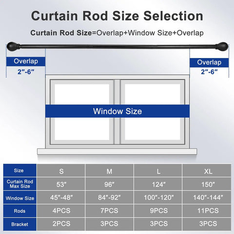 Diagram showing Heavy Duty Black Curtain Rod Set For Windows 45 To 48 Inches With Matte Black Lamp Style Finials and size options.