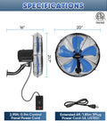 Beast Mode 18 Inch Wall Mount Industrial Oscillating Fan With 3 Speed Settings and power cords, dimensions shown