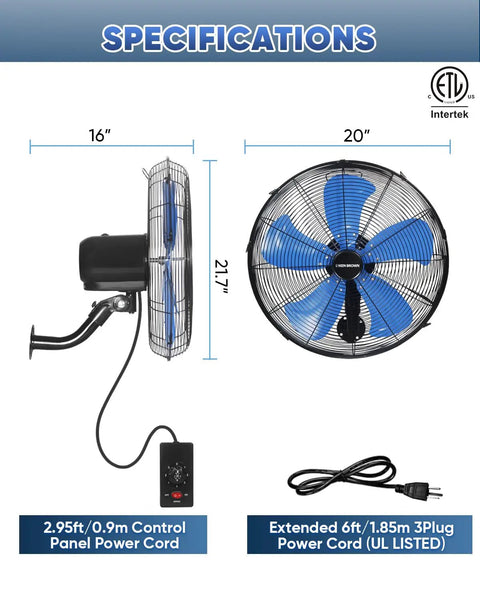 Beast Mode 18 Inch Wall Mount Industrial Oscillating Fan With 3 Speed Settings and power cords, dimensions shown