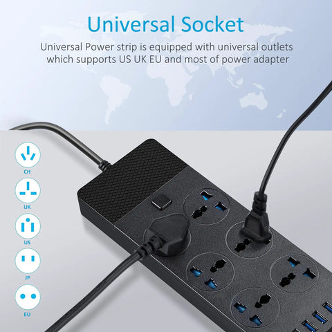 High Power 3000W USB Power Strip With Four USB Ports Including One USB C 6Ft Heavy Duty Extension Cord showing universal outlets