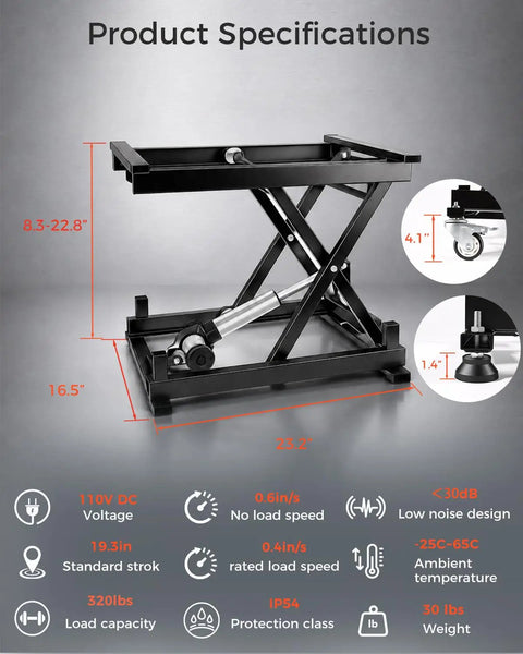 Product specifications of Heavy Duty Electric Lift Table With 320 Lbs Load Capacity, showing dimensions and features.