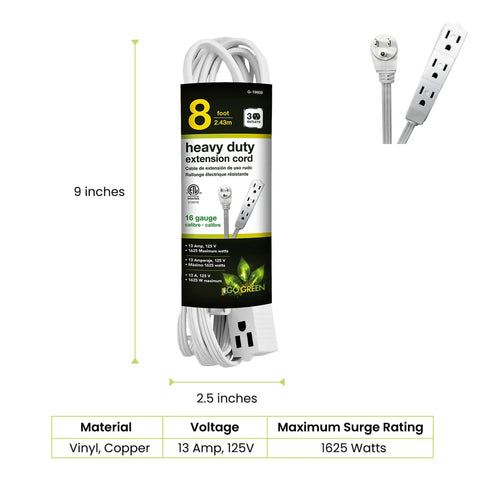 Badass 16 By 3 SJT Extension Cord 8 Foot Heavy Duty Workhorse with snap fit design and three outlets on display.