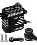 Black 25T Aluminum Servo Saver Set With INJS11 Replacement for RC cars, including components and screws, front view.