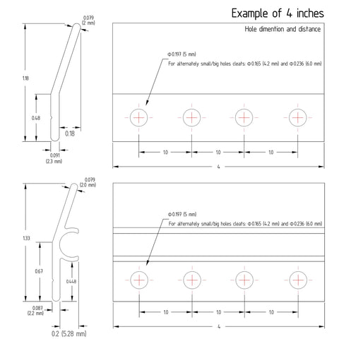 Technical diagram showing the dimensions of a Heavy Duty Mirror Hanging Kit With French Cleat And Z Clips, Seventeen And Three Quarter Inch Beefy Wall Hangers That Support Up To 120 Lbs, Includes All Hardware, Aircraft Grade Aluminum Mounts For Non Plumb Walls, Ideal For Headboards And Frames.