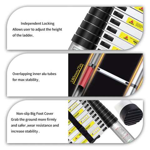 8.5 Ft Aluminum Telescoping Ladder With Traceless Tube Design, Spring Loaded Locking, showing features and non-slip foot cover