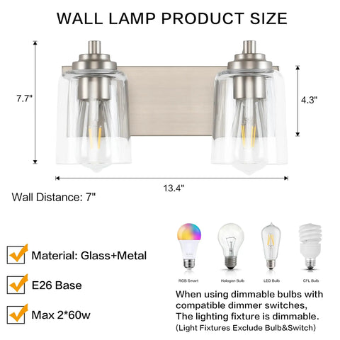 Wall lamp product size and specifications with glass and metal materials, dimensions, and bulb compatibility details.