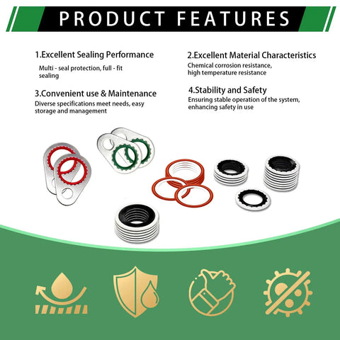 Product features of 110 Piece Air Conditioning Compressor Seal Washers Assortment Kit with 12 sizes illustrated.