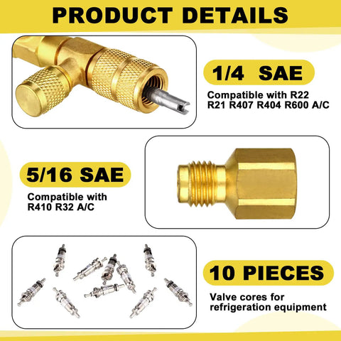 Valve Core Remover And Installer Tool Kit components with hex bit adapters and valve cores for R410 and R32 systems