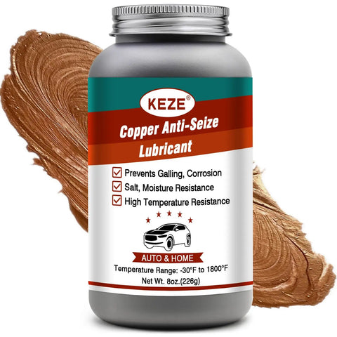 Copper Anti Seize Lubricant for Auto Maintenance Go to High Temp Protection Salt and Moisture Resistant Spark Plug Threads Lug Nuts Brake Calipers Oxygen Sensor Lawn Mower 8 Oz bottle with product paste in background.