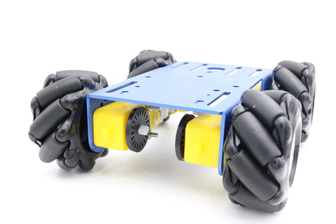 MC100 mecanum-wheel robot chassis with blue metal frame and yellow DC motors (4WD)
