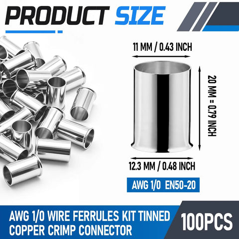 100 Pcs AWG 1/0 Wire Ferrules Kit, Tinned Copper Non Insulated Crimp Connectors, Terminal Ends For Electric Wiring, Automotive And Industrial Projects, Heavy Duty Beefy Performance, High Conductivity, Anti Oxidation, 11 mm x 20 mm