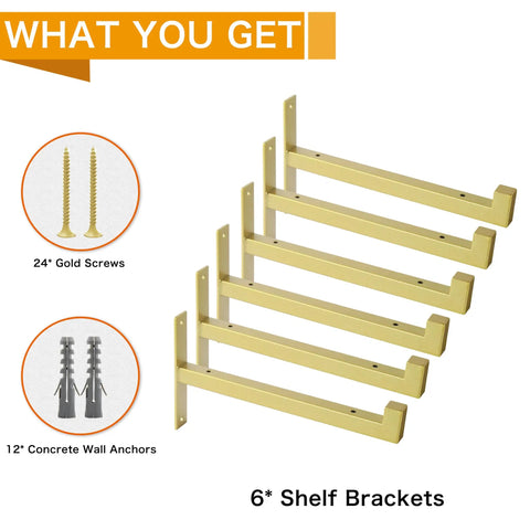 6 Pack Heavy Duty Shelf Brackets With Lip 13 Inch Gold Finish For Solid Shelving, T Shaped Supports, No Drama Install, Includes Concrete Plugs Drywall Plugs And Self Tapping Screws For Quick Easy Mounting, 6 gold shelf brackets with screws and wall anchors
