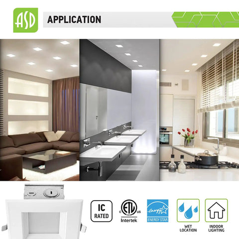12 Pack 6 Inch LED Square Recessed Lights With Integrated Junction Box 3000K Warm White 15W 950LM installed in living room, bathroom, kitchen