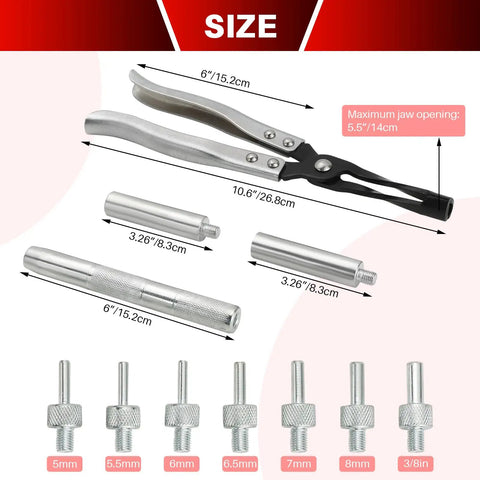 Valve Stem Seal Removal and Installation Kit With Pliers Drive Handle Sockets and Adapters for Car Engines DIY Friendly Pro Grade Alloy Steel Tool Set displayed with size dimensions