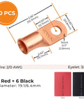 Diagram of 10 Pack 2/0 AWG Battery Lugs With 3/8 Inch Stud Ring Terminal Connectors and heat shrink tubing dimensions