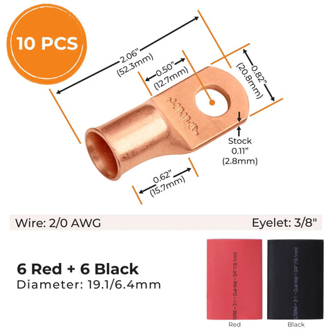 Diagram of 10 Pack 2/0 AWG Battery Lugs With 3/8 Inch Stud Ring Terminal Connectors and heat shrink tubing dimensions