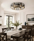 24 Inch Metal Caged Farmhouse Ceiling Fan With Warm White Lighting And Wireless Remote Low Profile Flush Mount Design in modern dining area.