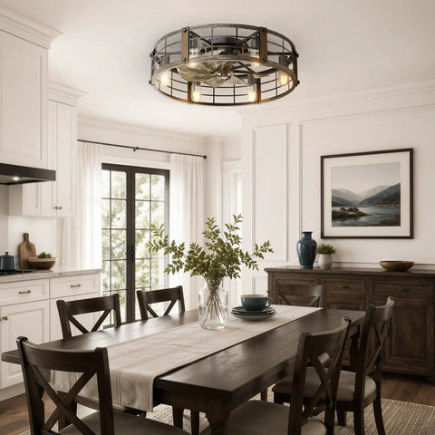 24 Inch Metal Caged Farmhouse Ceiling Fan With Warm White Lighting And Wireless Remote Low Profile Flush Mount Design in modern dining area.
