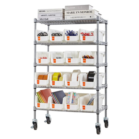 5 Tier Rolling Bin Storage Rack With 16 Organizer Bins, Heavy Duty Wire Shelving On Casters, Mobile Tool Organizer