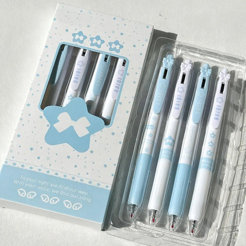 Four Pack Cute Retractable Gel Pens Blue Star 0.5mm Fine Point Black Ink Smooth Writing pens in packaging