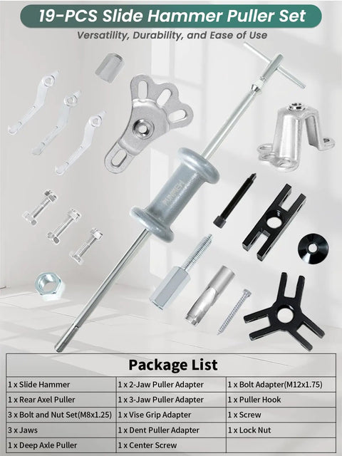 19-piece Slide Hammer Puller Set with front wheel hub bearing remover and rear wheel axle hub dent shaft tool kit