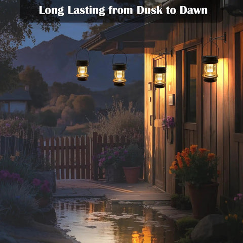 Outdoor Solar Lanterns 2 Pack Hanging Lights For Garden Pathway Patio Waterproof Vintage Bronze Design With Cozy Warm Lights Ideal Yard Beach Pavilion Table Decor glowing on porch at dusk