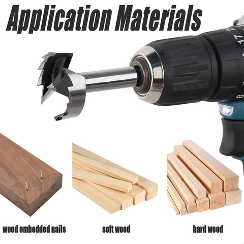 Grab These 5 PCS Forstner Drill Bits With Self Centering Design For Easy Wood Boring. Perfect For DIY Projects And Precision Holes From 15 To 35 Mm Range Using Standard Hand Tools. Super High Carbide Tips Make Cutting Smooth And Fast Without Mess! self-centering wood drill bit in hand drill for wood, soft wood, and nail-embedded wood