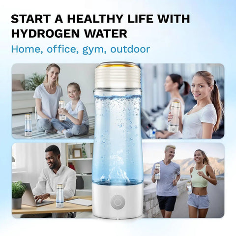 Portable Hydrogen Water Bottle With 2300ppb Molecular Hydrogen And PEM SPE Technology, 15oz, shown in various lifestyle settings