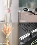 Silicone Cable Ties Reusable Cord Management Organizer used in bedroom, kitchen, living room, office shown in four colors