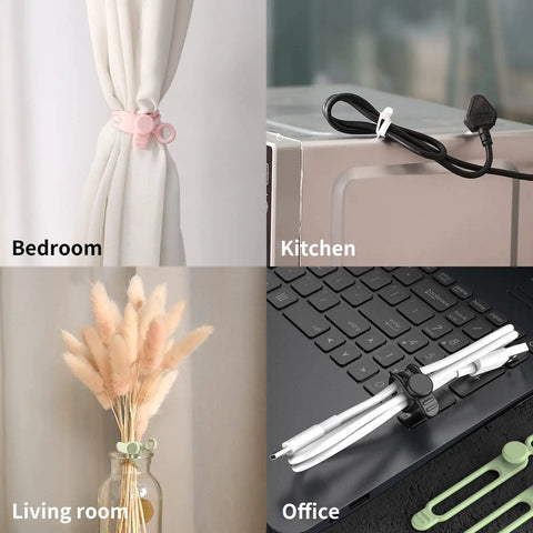 Silicone Cable Ties Reusable Cord Management Organizer used in bedroom, kitchen, living room, office shown in four colors