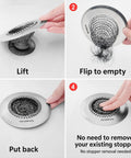Hassle Free Shower Drain Hair Catcher With Quick Flip Empty Pocket Stops Pipe Clogs in four-step cleaning process.