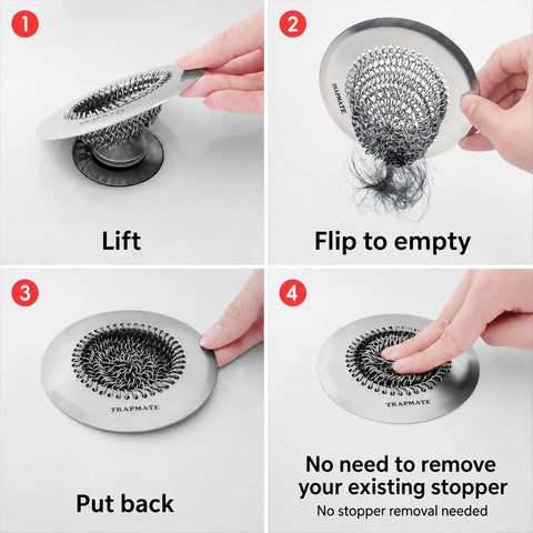 Hassle Free Shower Drain Hair Catcher With Quick Flip Empty Pocket Stops Pipe Clogs in four-step cleaning process.