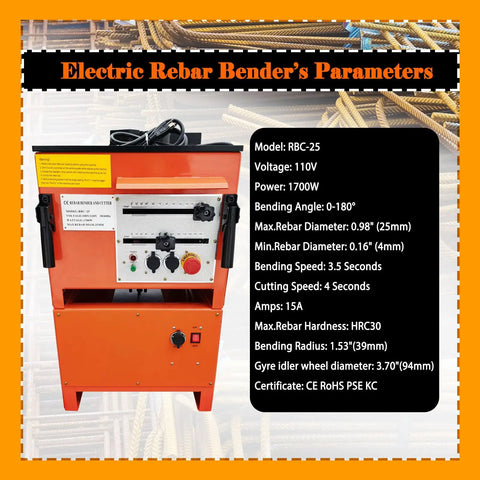 Heavy Duty Electric Rebar Bender And Cutter Combo 1 Inch Steel Bar Tool control panel with model parameters and specifications.