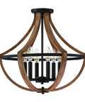 Six Light Rustic Semi Flush Mount Ceiling Light Fixture In Black With Handmade Brown Finish, Modern Farmhouse Vibe, frontal view.