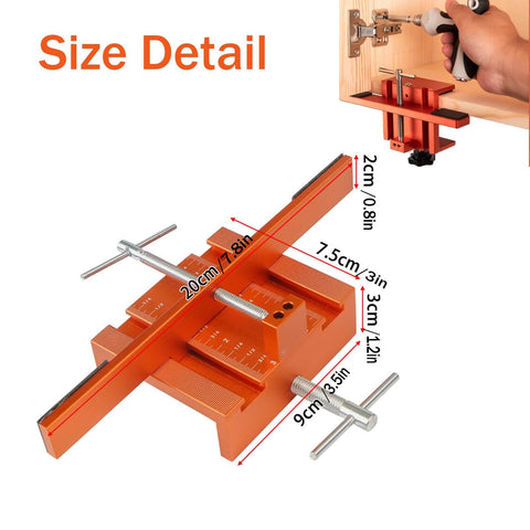 Universal Cabinet Door Mounting Jig For Easy Hinge Alignment And Drilling Template, showing measurements and installation.