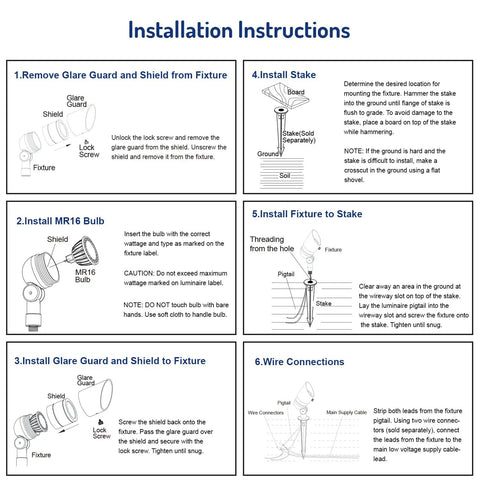 Installation instructions for Low Voltage 4W LED Landscape Lights 8 Pack Waterproof Outdoor Spotlights For Driveway, Yard, Lawn, Patio, Walls, Trees, Flags, 12V AC DC, Warm White, Black Finish