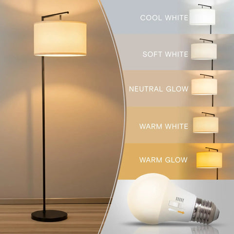 Modern LED Floor Lamp With Tan Fabric Shade showcasing different light settings for contemporary home decor.
