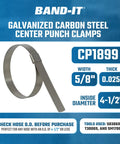 Front view of Band-It CP1899 galvanized carbon steel center punch clamp, 5/8 in wide, 0.025 in thick, 4-1/2 in ID, 25 per box