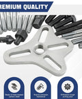 46 Piece Harmonic Balancer Puller Set And Steering Wheel Puller Kit showing heat-treated carbon steel parts and yoke