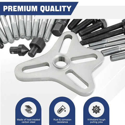 46 Piece Harmonic Balancer Puller Set And Steering Wheel Puller Kit showing heat-treated carbon steel parts and yoke