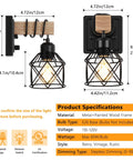 Badass Dimmable Wall Sconces Set Of Two With Rotary Switch And Black Metal Cage With Wooden Post, dimensions and specs included.