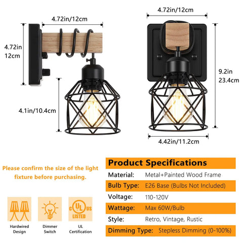 Badass Dimmable Wall Sconces Set Of Two With Rotary Switch And Black Metal Cage With Wooden Post, dimensions and specs included.