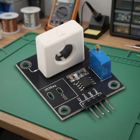 Dead Simple Hall Effect Current Sensor Module With 100A Rating for smooth analog outputs mounted on a green workbench.