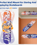 Skateboard Deck Wall Mount 360-Degree Rotating Hanger Extending Floating Display Rack for Quick Grab in room setting.